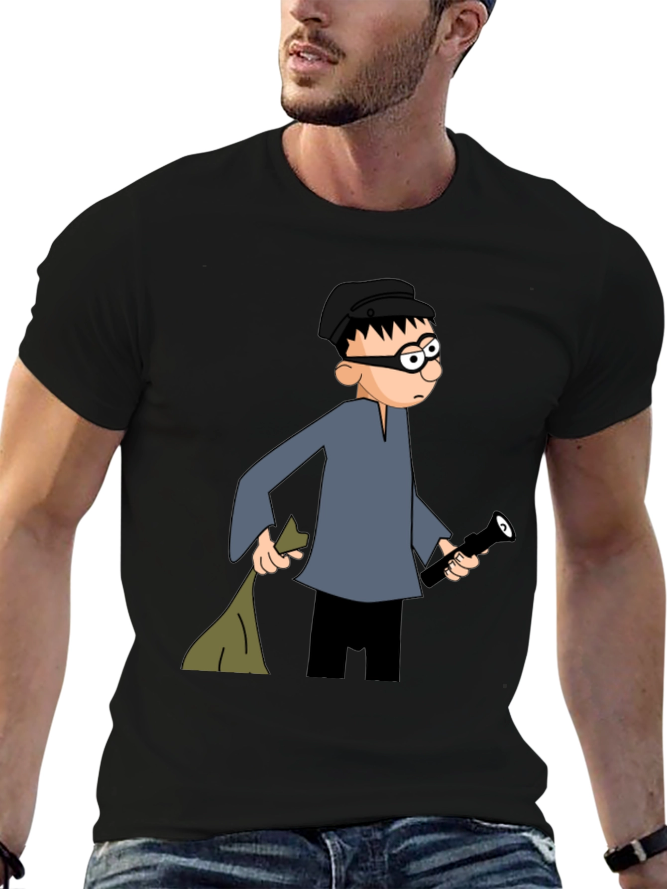 Black Cartoon Burglar Black T-Shirt view 6