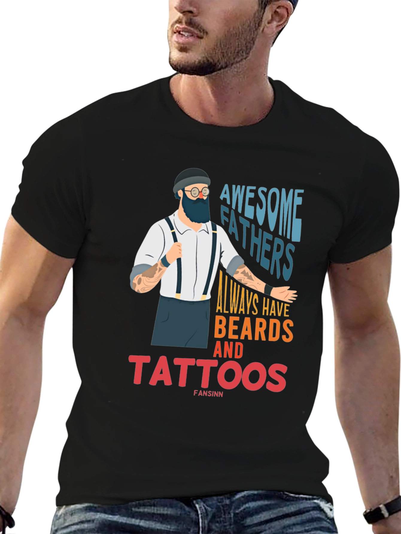 Black Awesome Fathers Beards Tattoos Graphic Tee view 6