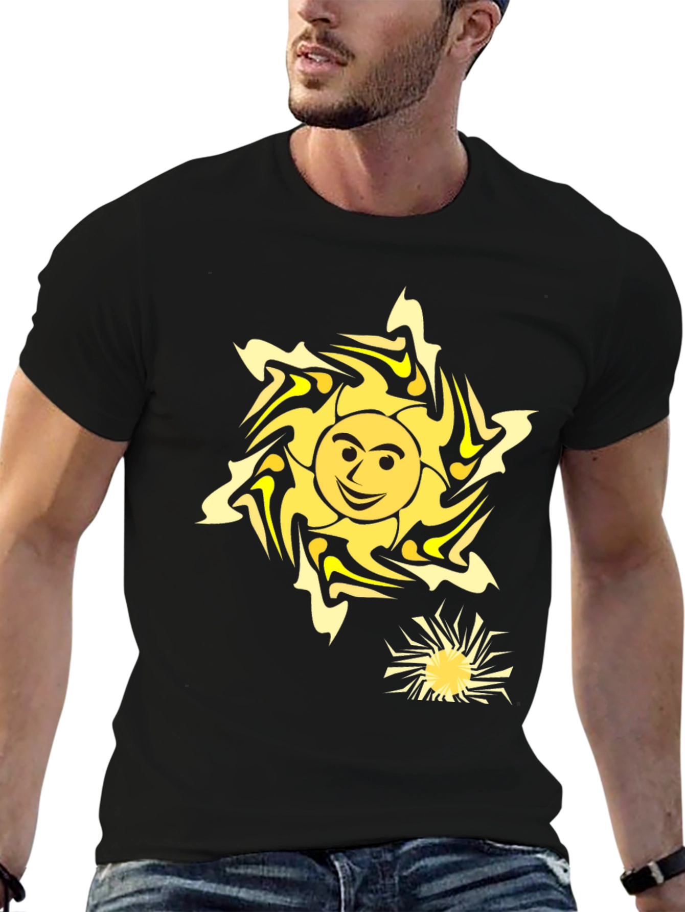 Black Smiling Sun Graphic Tee - Black Cotton Comfort view 6