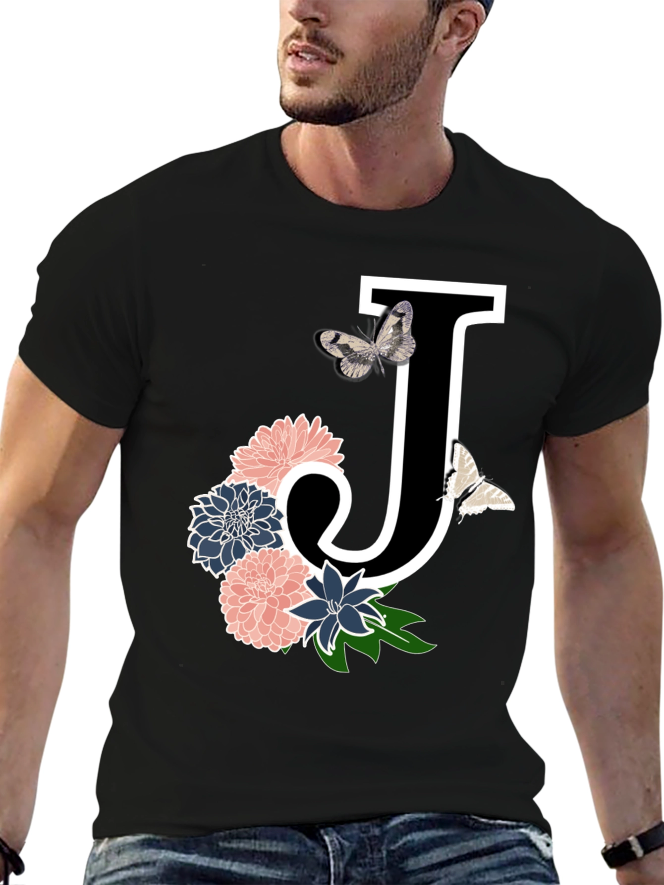 Black Floral Letter J T-Shirt view 6