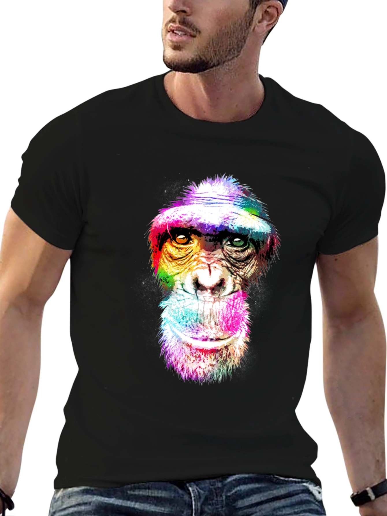 Black Colorful Chimpanzee Graphic Print T-Shirt view 6