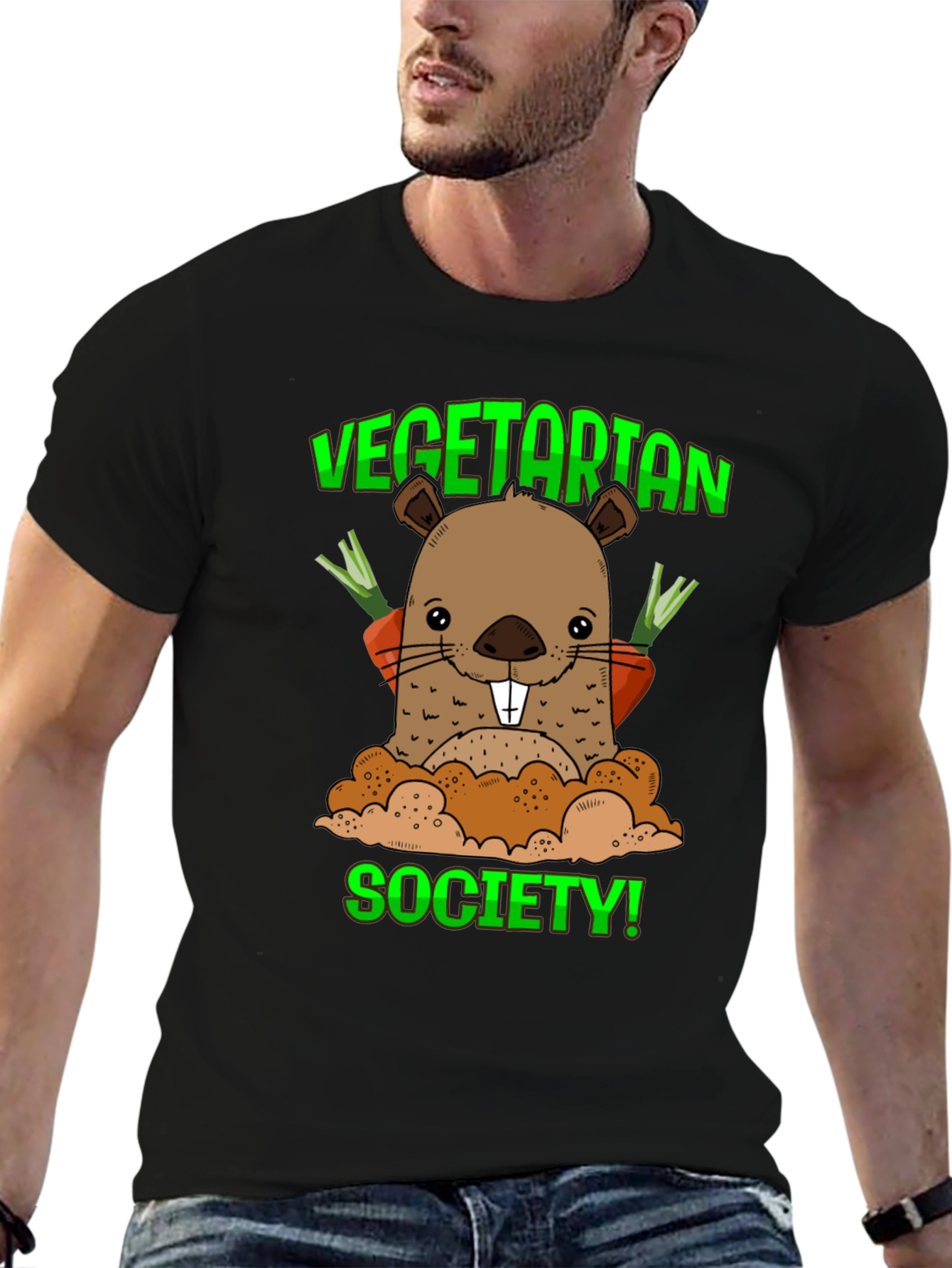 Black Vegetarian Society T-Shirt with Groundhog Graphic view 6