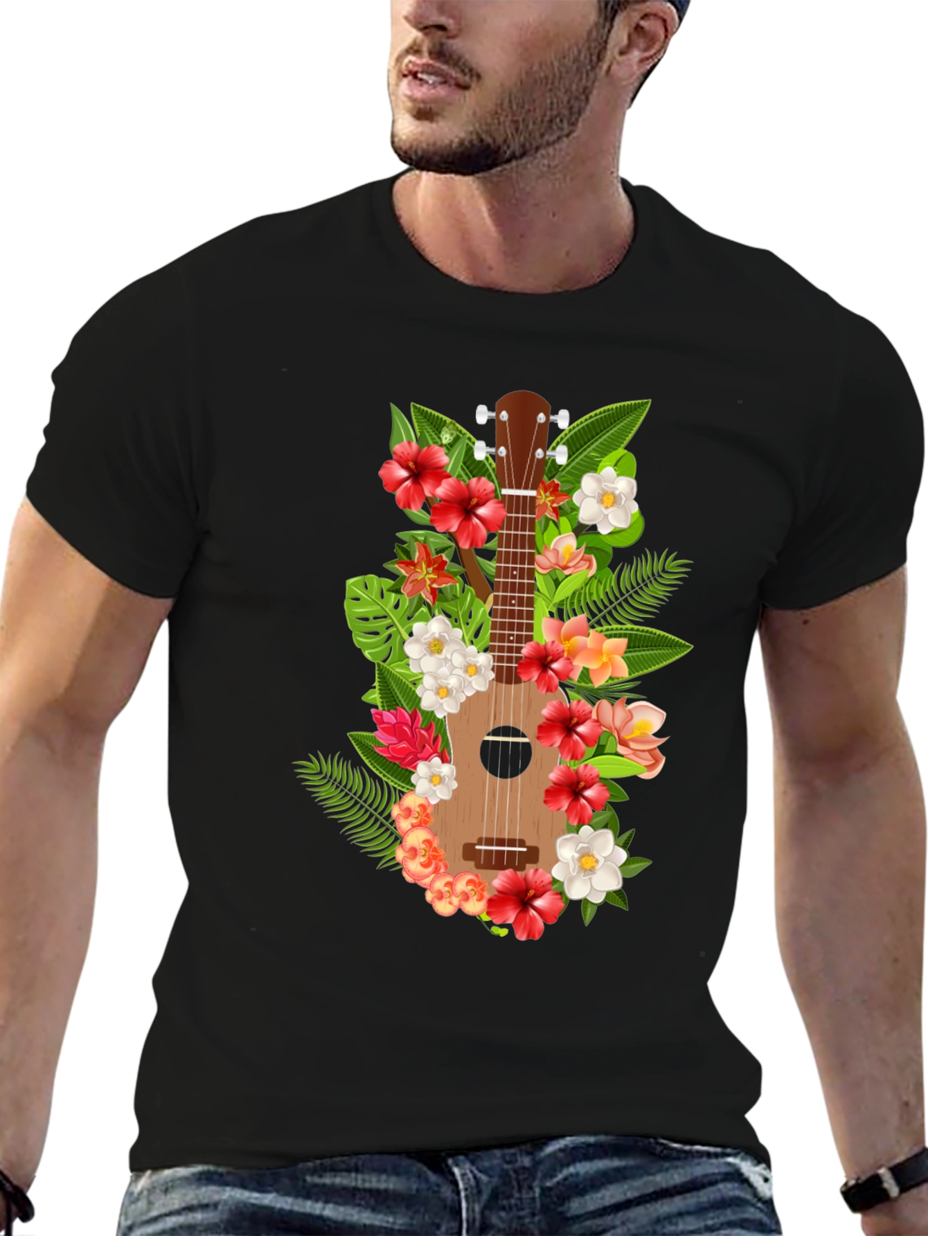 Black Floral Ukulele Black T-Shirt view 6