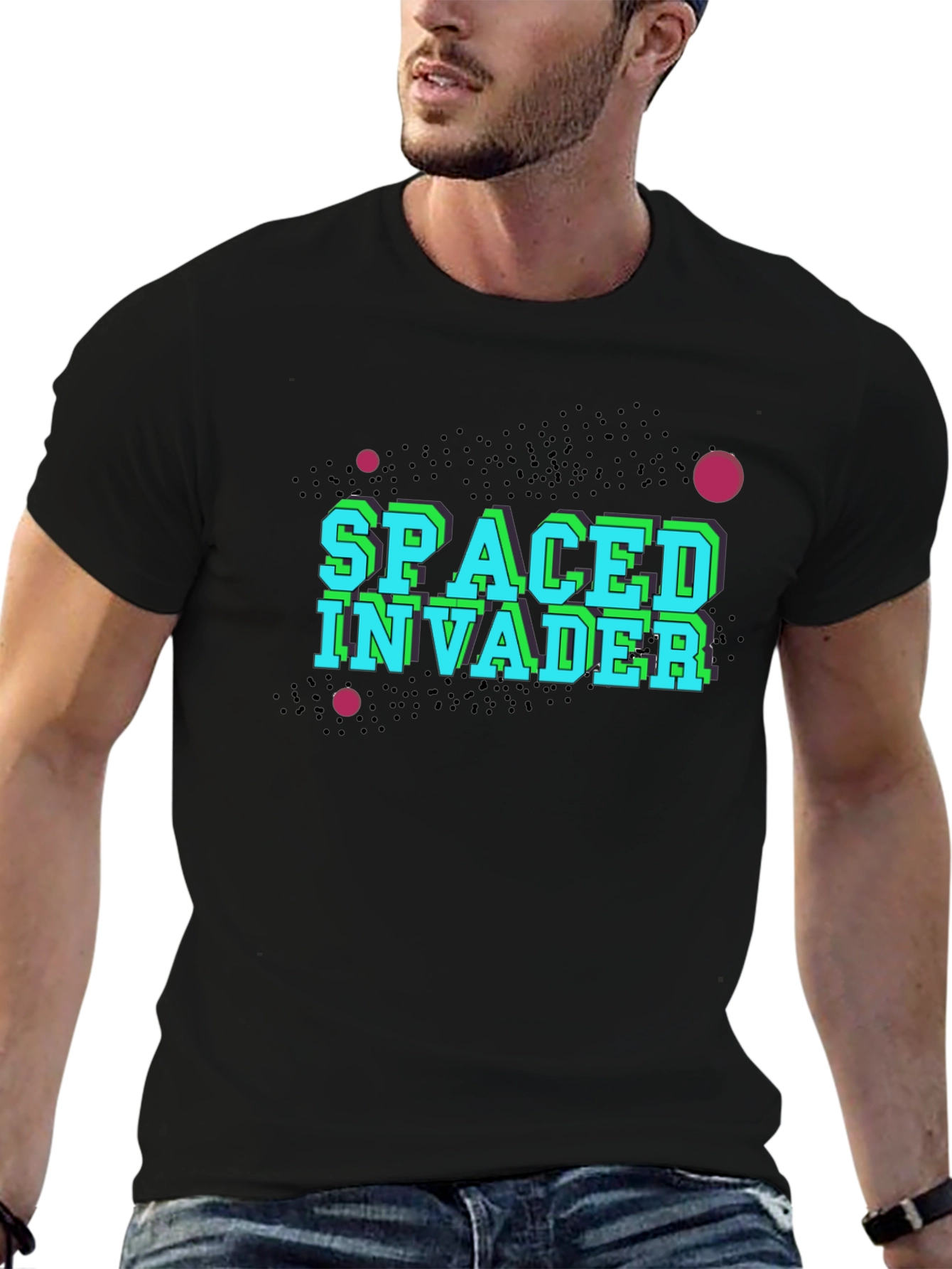 Black Spaced Invader Black T-Shirt - Retro Gaming view 6