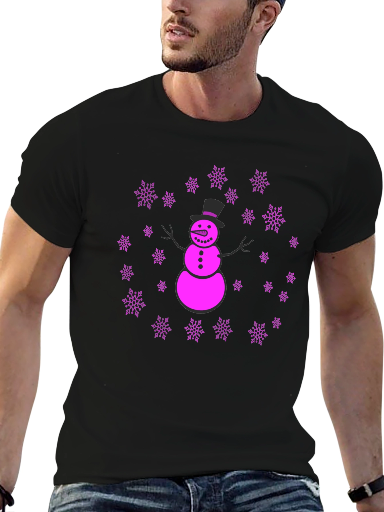 Black Snowman Snowflake Graphic T-Shirt - Fun Winter Holiday Apparel view 6