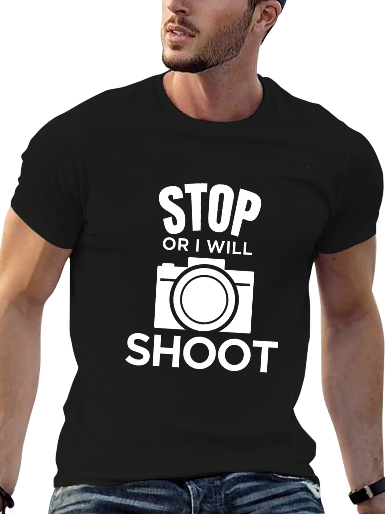 Black Stop or I Will Shoot - Camera Graphic T-Shirt view 6