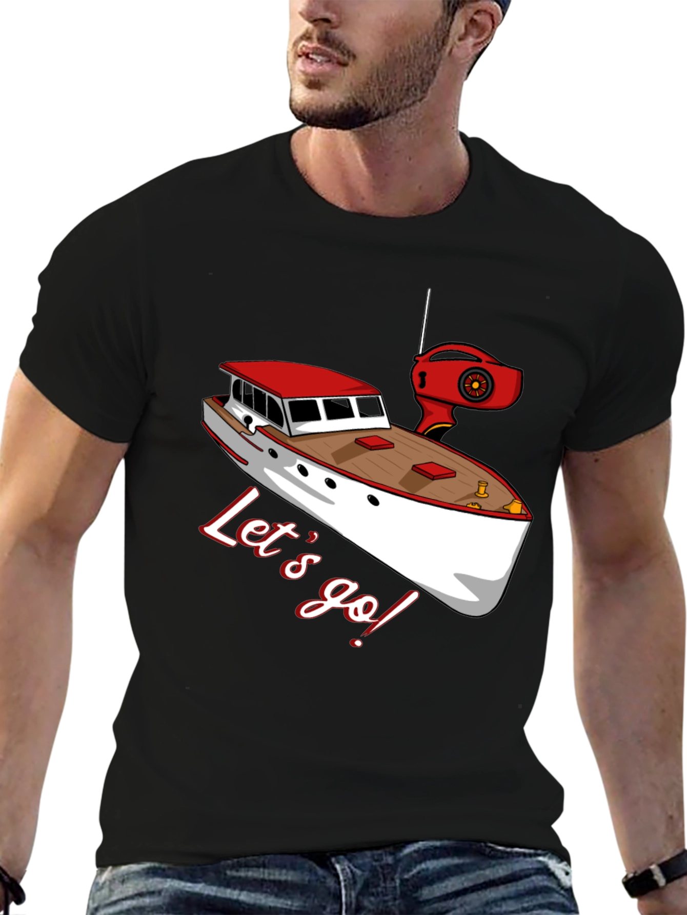 Black Let's Go Boating T-Shirt: Red & White Boat Graphic view 6