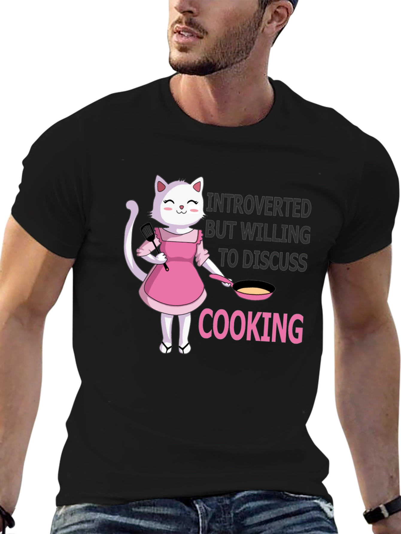 Black Introverted Cooking Cat T-Shirt view 6