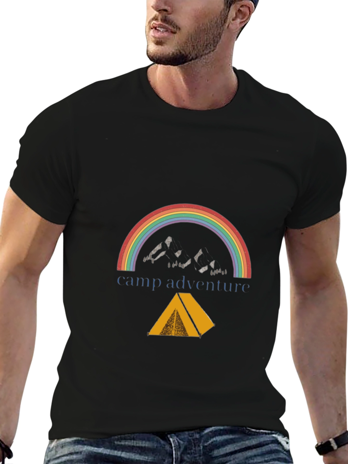 Black Camp Adventure Black T-Shirt, Rainbow Mountain Tent Design view 6