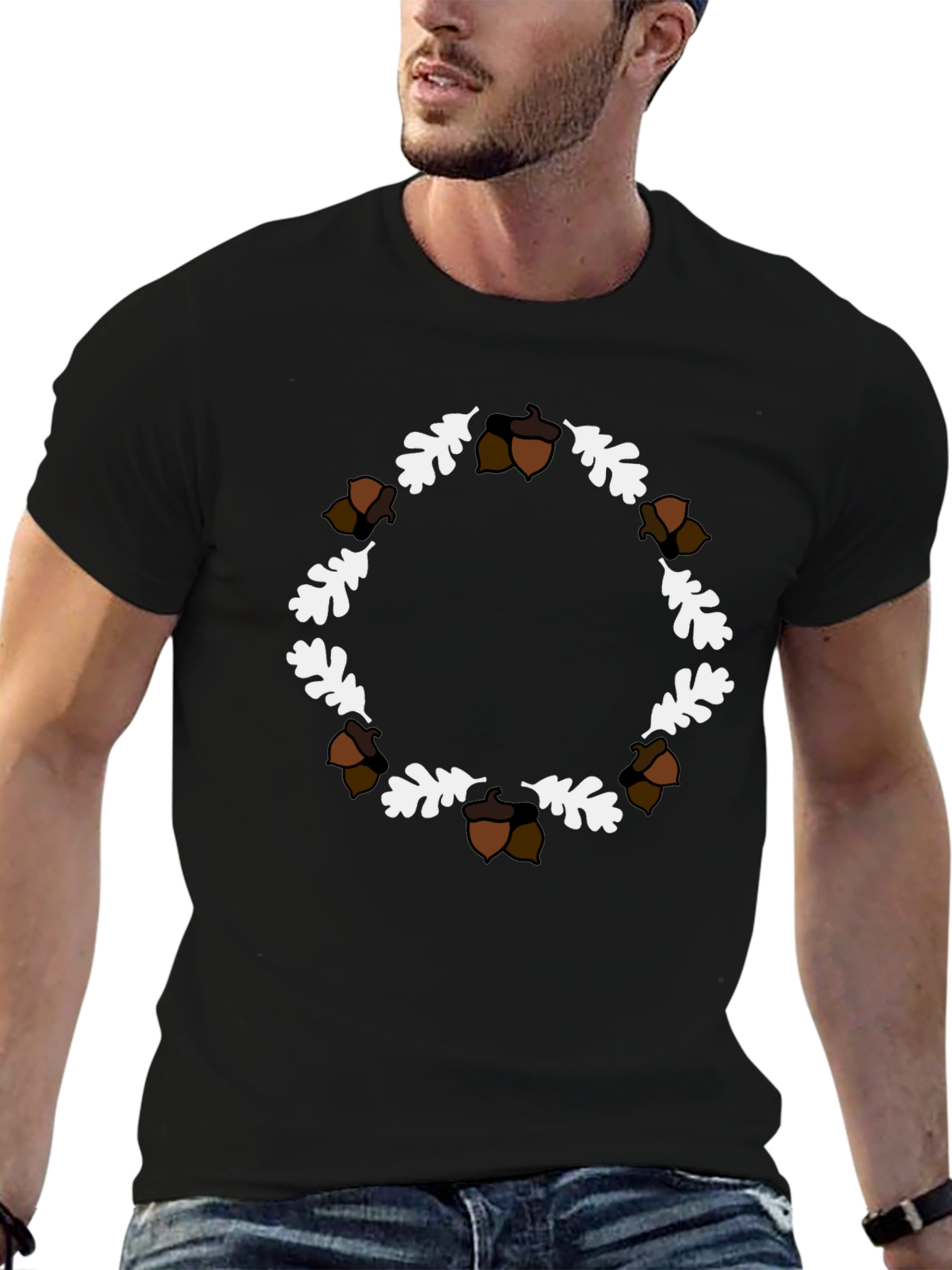 Black Autumn Acorn & Oak Leaf Wreath T-Shirt view 6