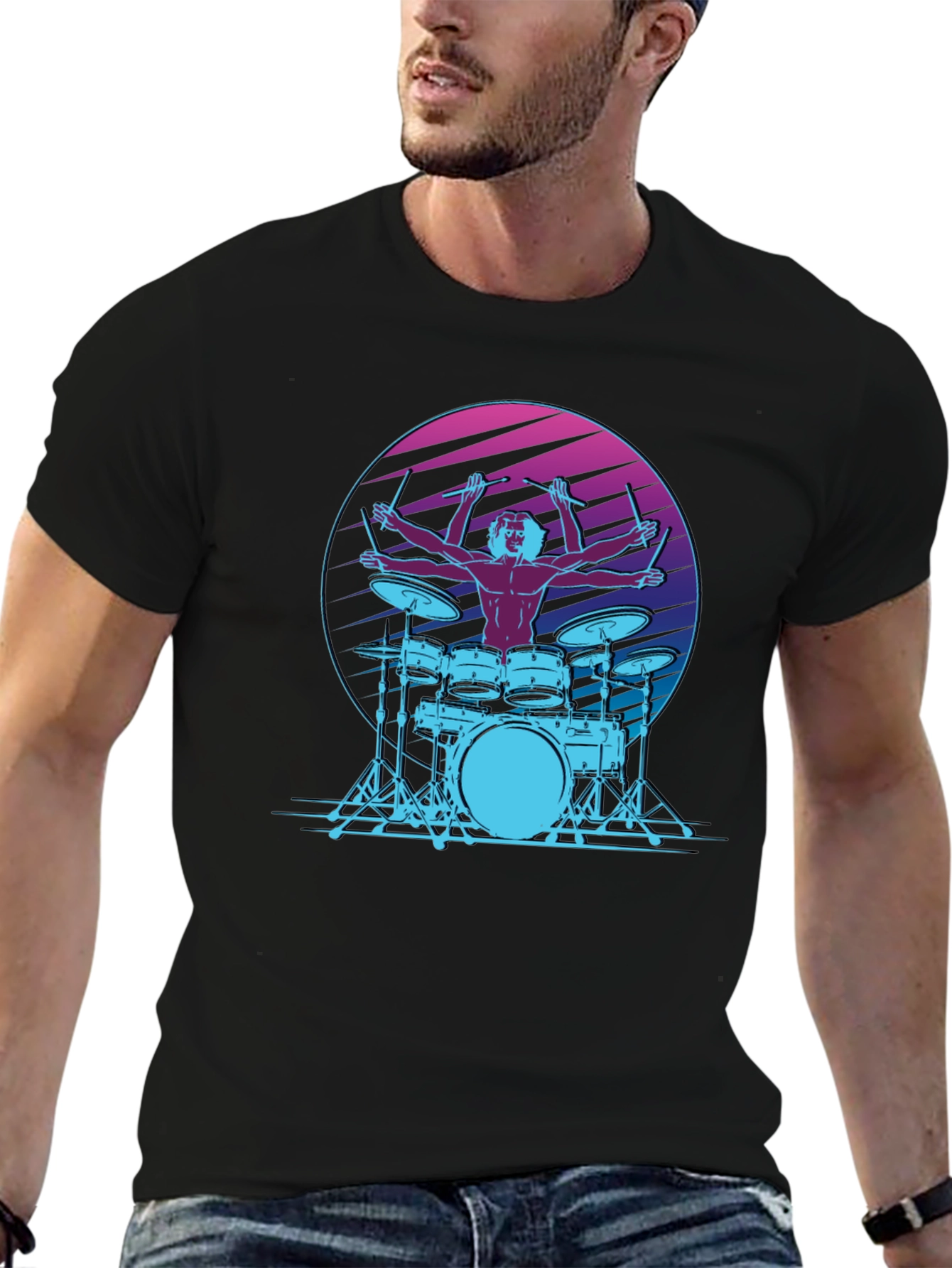 Black Drummer Graphic Tee - Cool Retro Design view 6