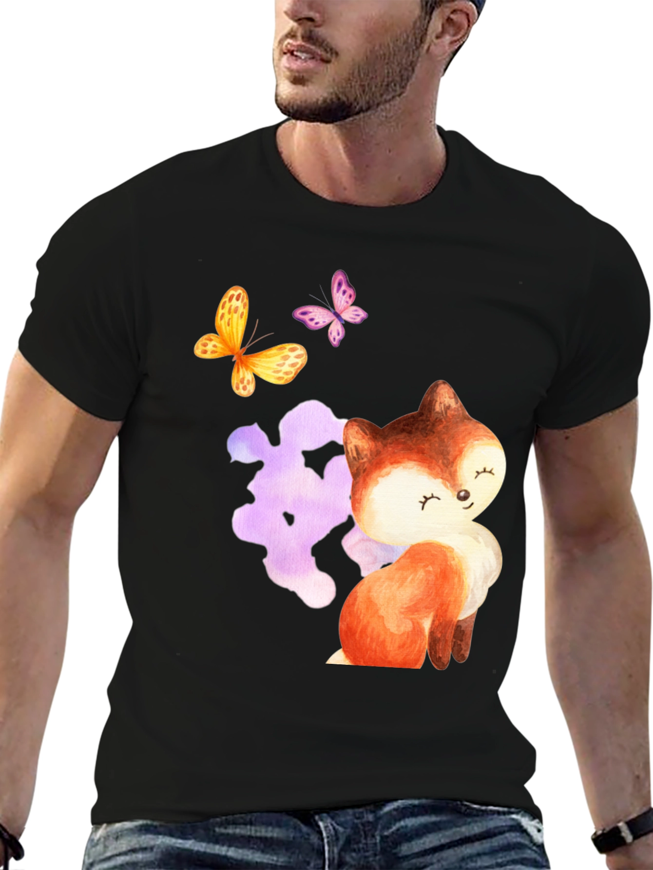 Black Cute Fox & Butterfly Graphic Tee - Stylish Comfort view 6