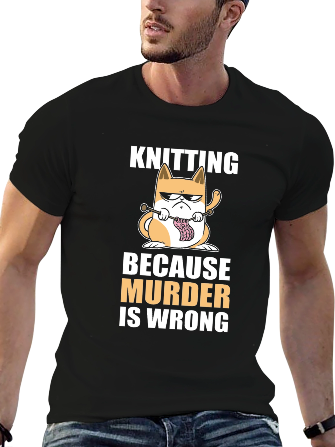 Black Knitting Cat T-Shirt - Because Murder Is Wrong Funny Tee view 6