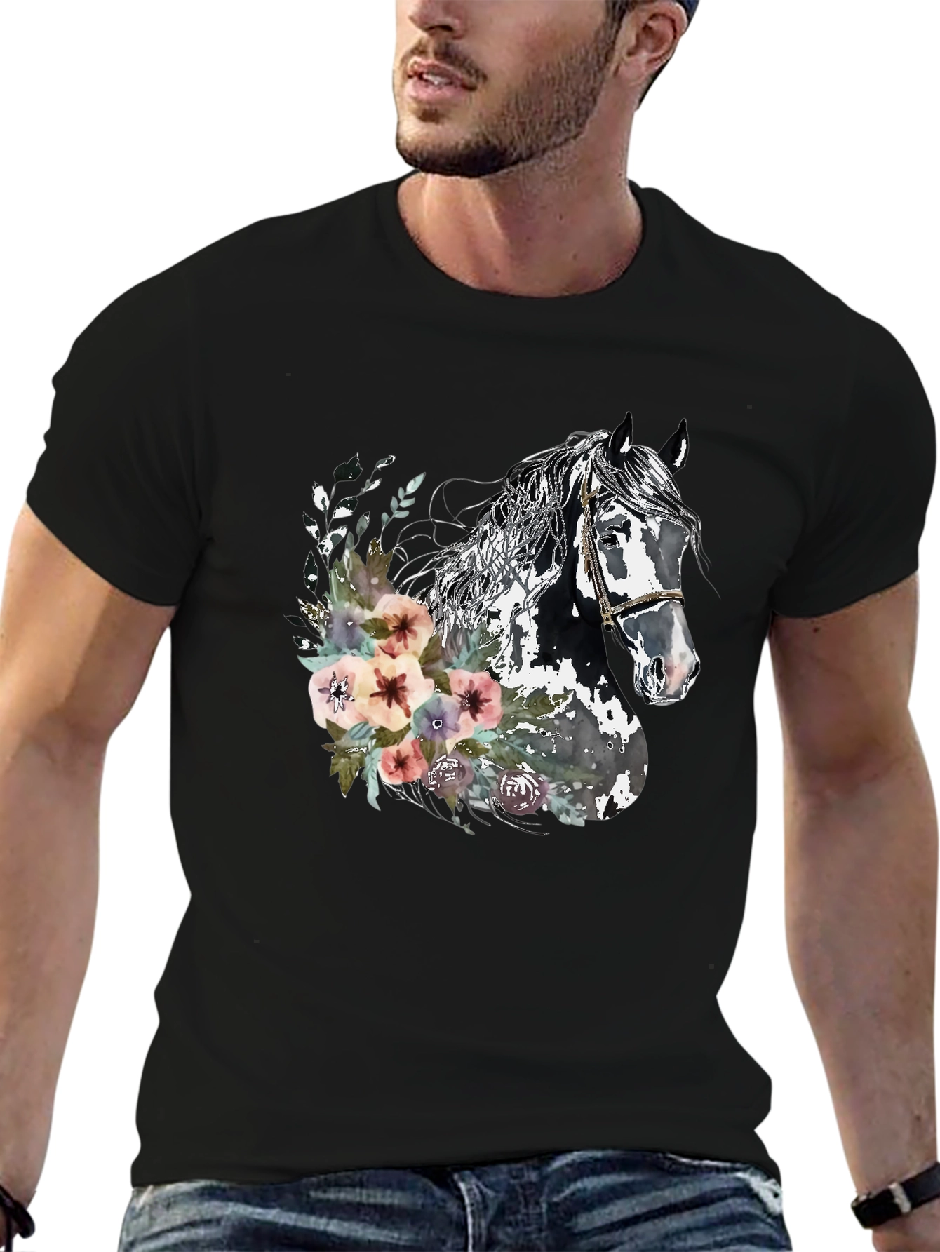 Black Floral Horse Graphic Tee - Unisex Black T-Shirt view 6