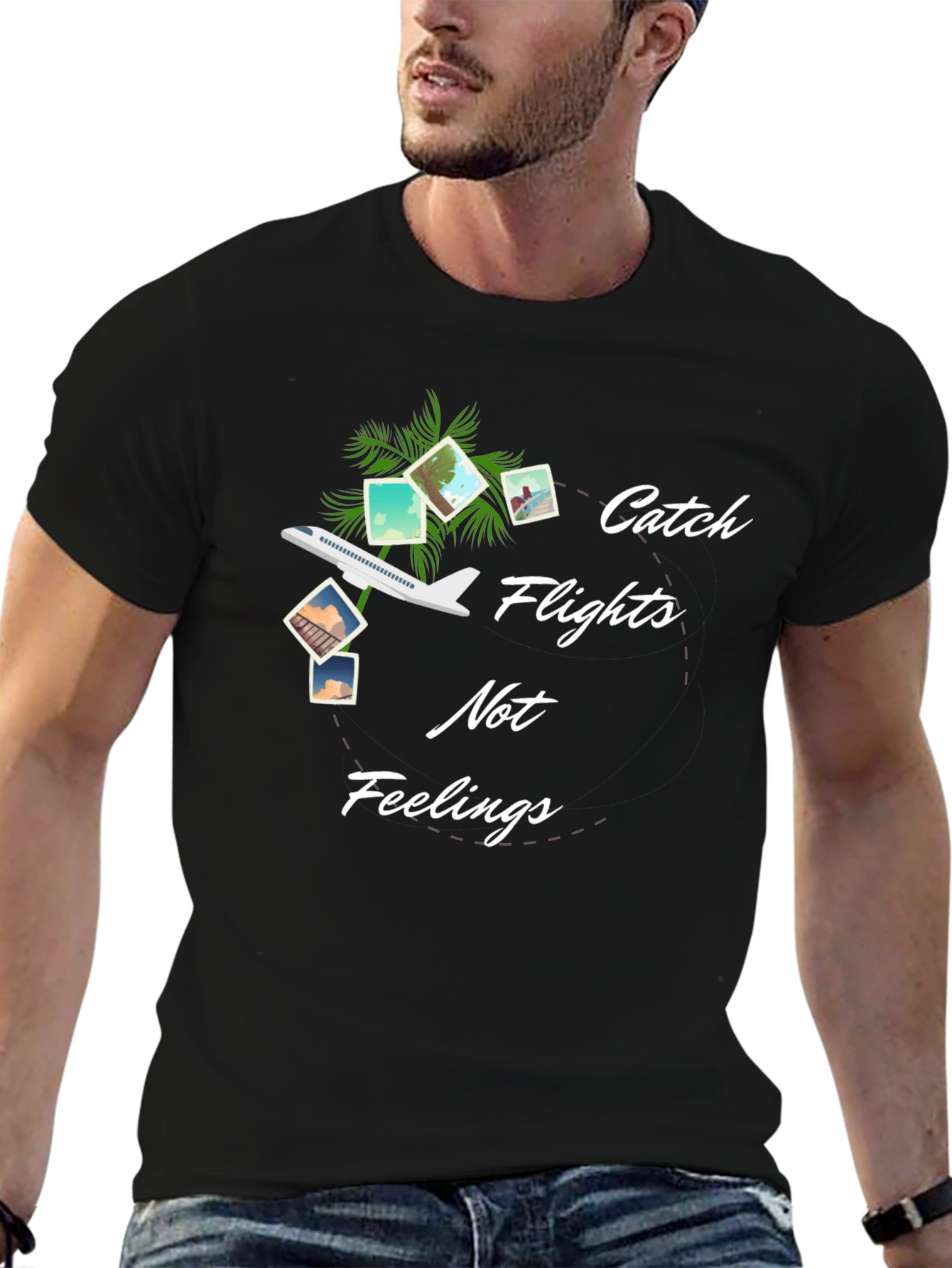 Black Catch Flights Not Feelings Graphic Tee view 6