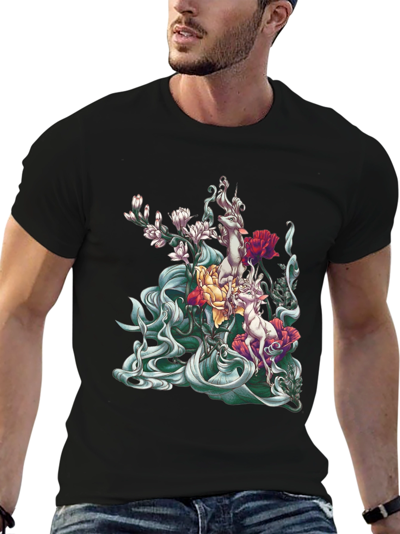 Black Floral Deer Graphic Tee - Unique Black T-Shirt view 6