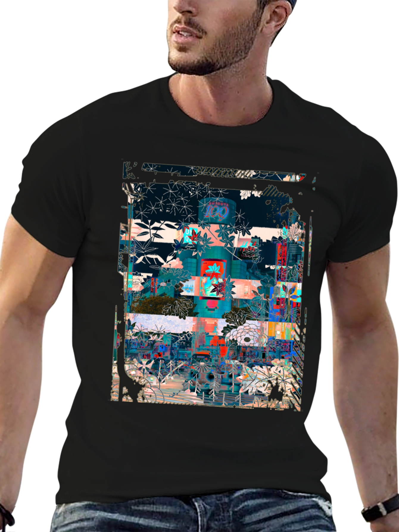 Black Abstract Floral Urban T-Shirt view 6