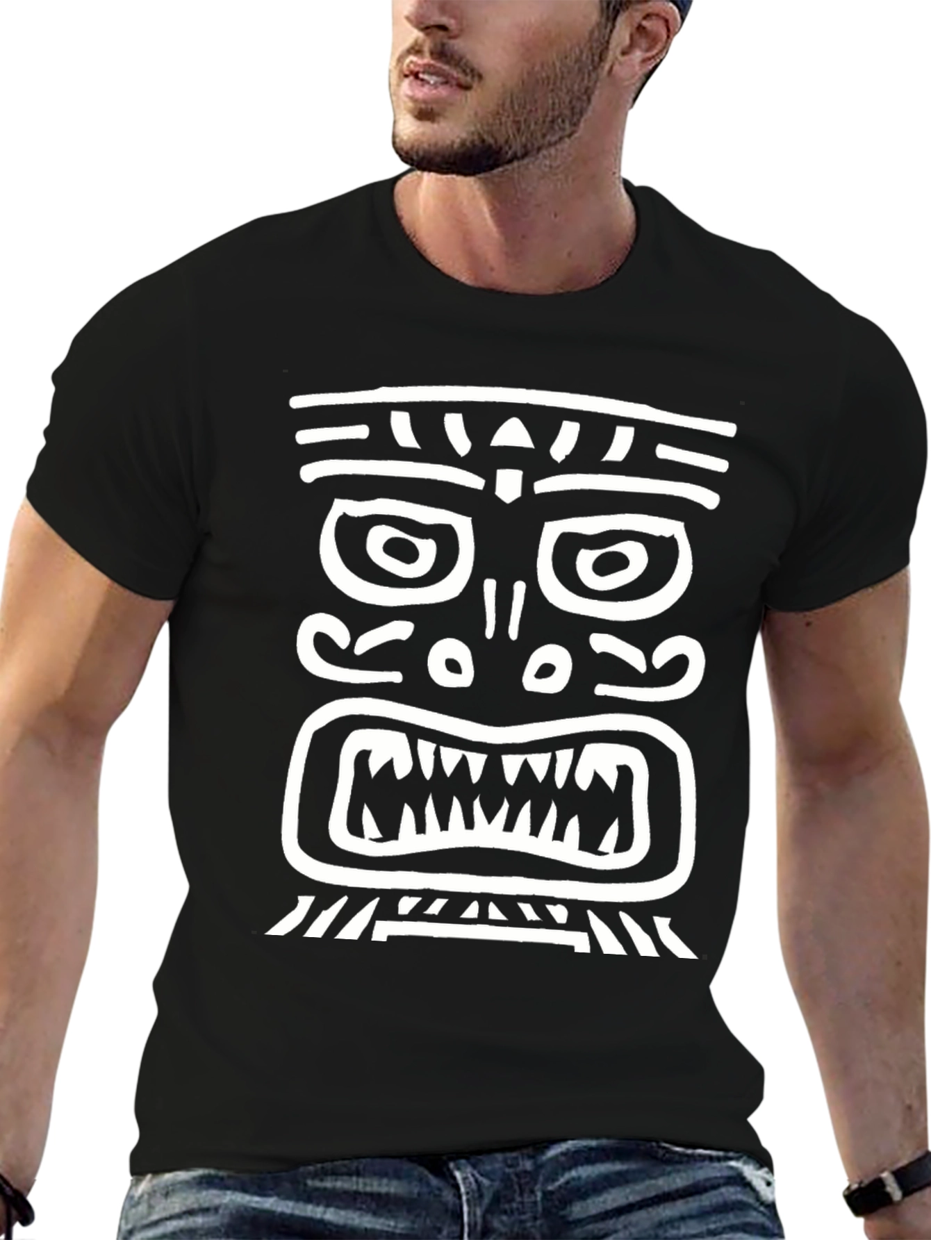 Black Tribal Mask Graphic Tee - Men's Black T-Shirt view 6