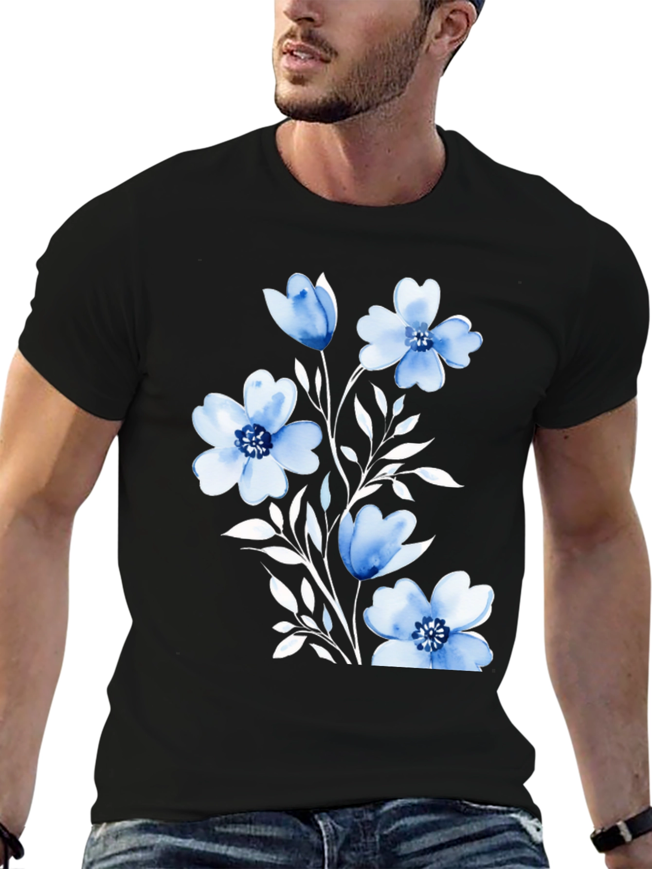 Black Floral Print Black T-Shirt for Men view 6