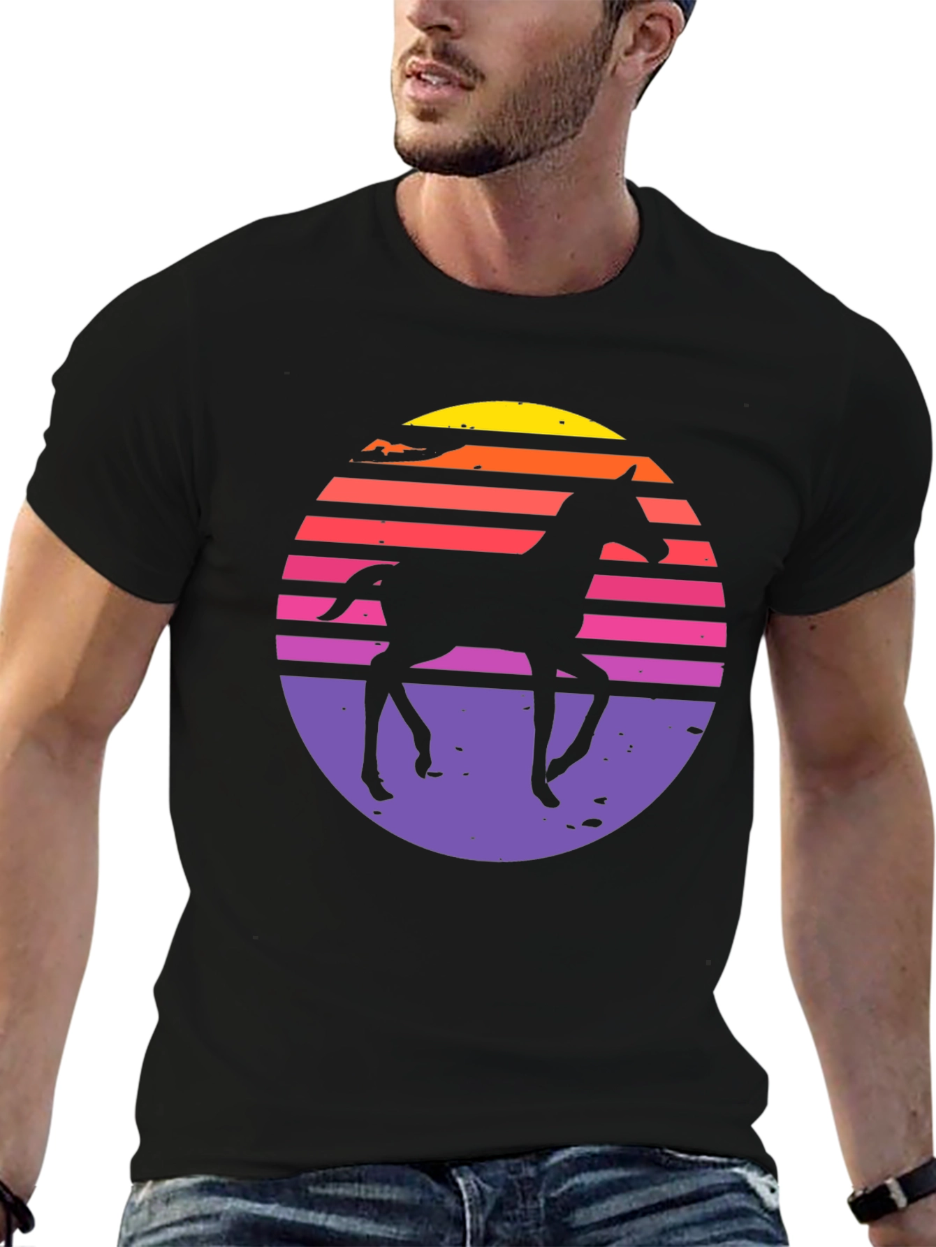 Black Retro Horse Sunset Graphic T-Shirt view 6