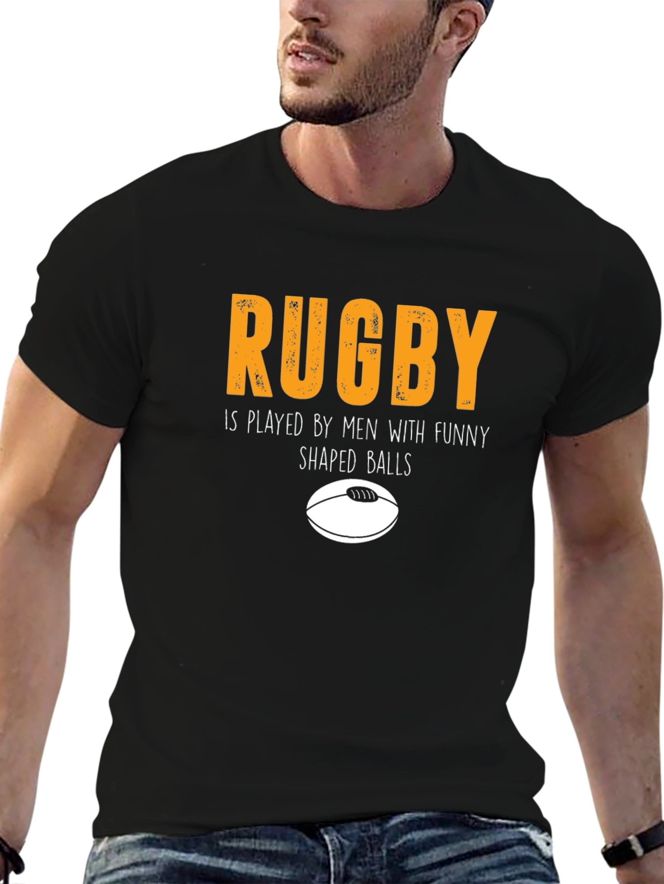 Black Funny Rugby Graphic Tee - "Shaped Balls" Humor T-Shirt view 6