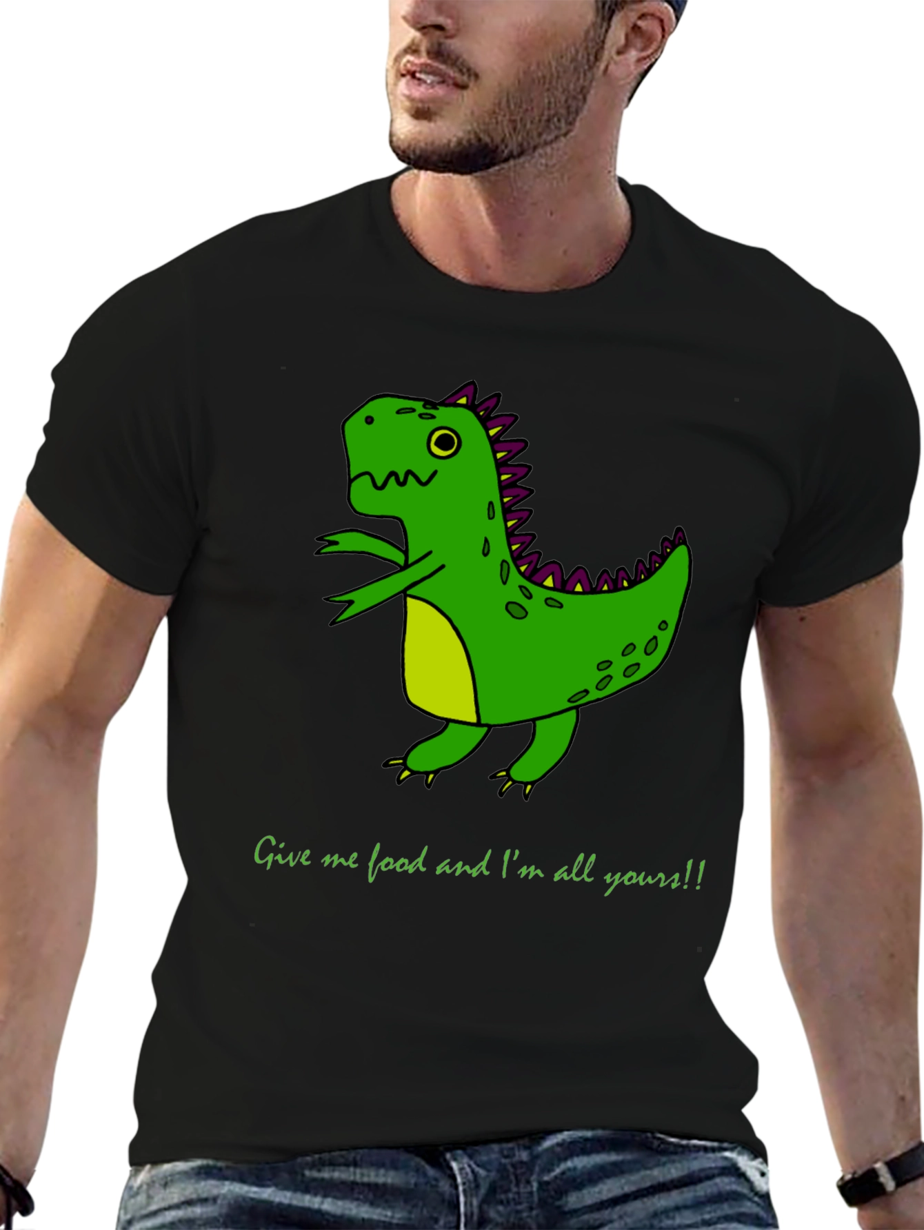 Black Funny Dinosaur Graphic Tee - Give me Food! view 6