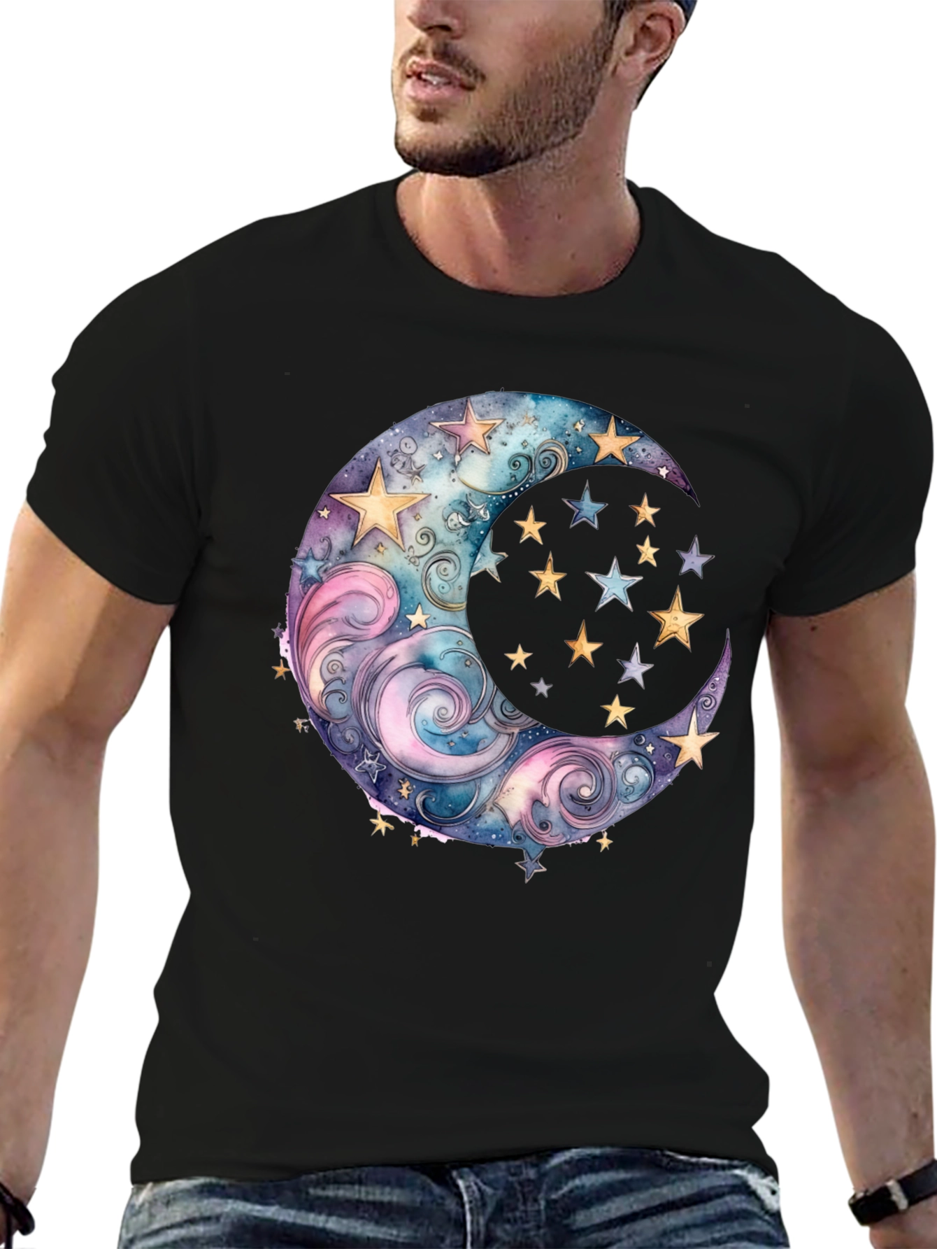 Black Celestial Moon and Stars Graphic Tee - Black view 6