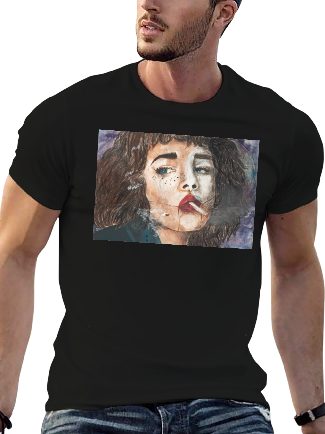 Black Smoking Woman Graphic Tee - Unisex Black T-Shirt view 6