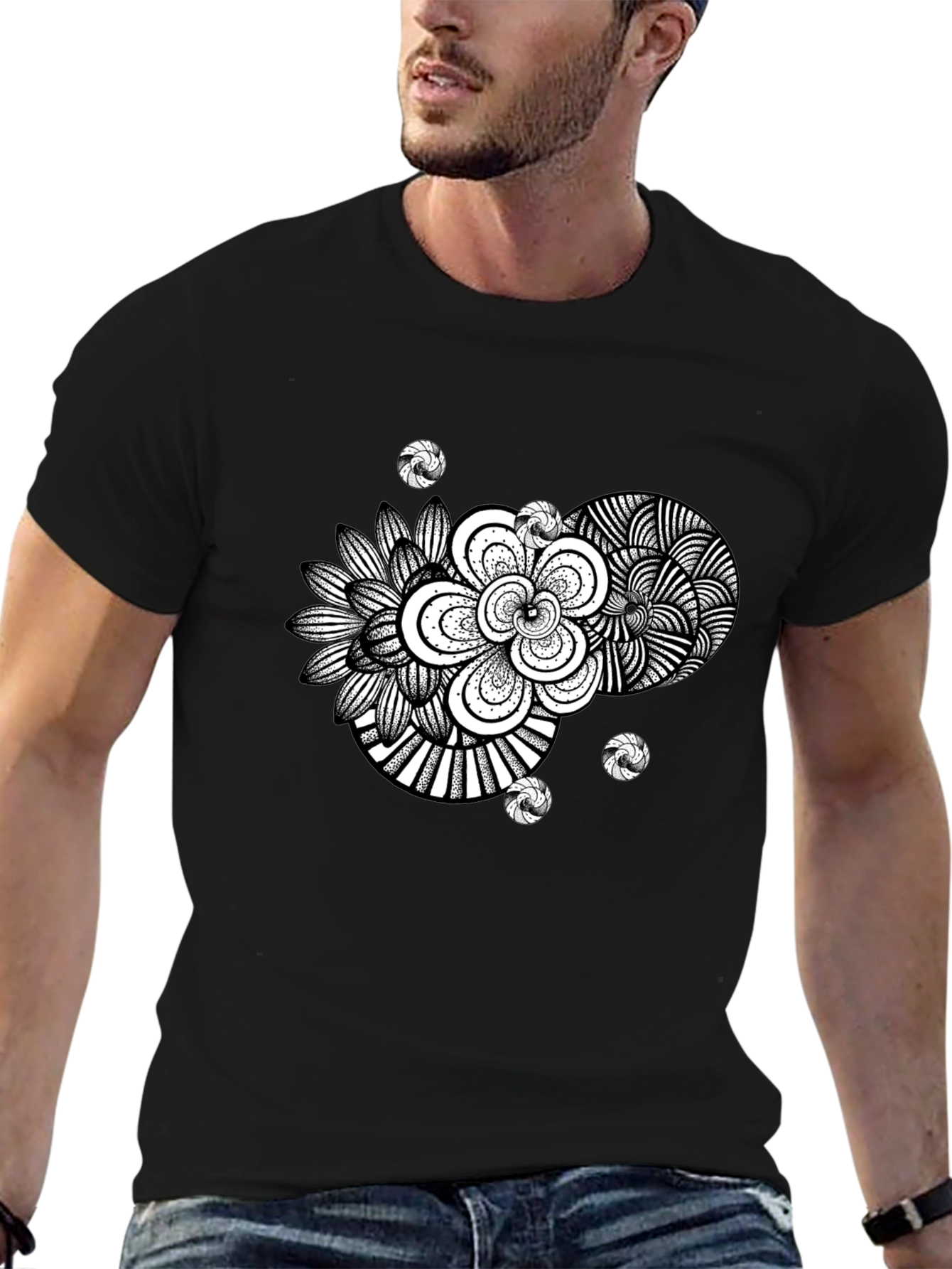 Black Abstract Floral Graphic Black T-Shirt view 6