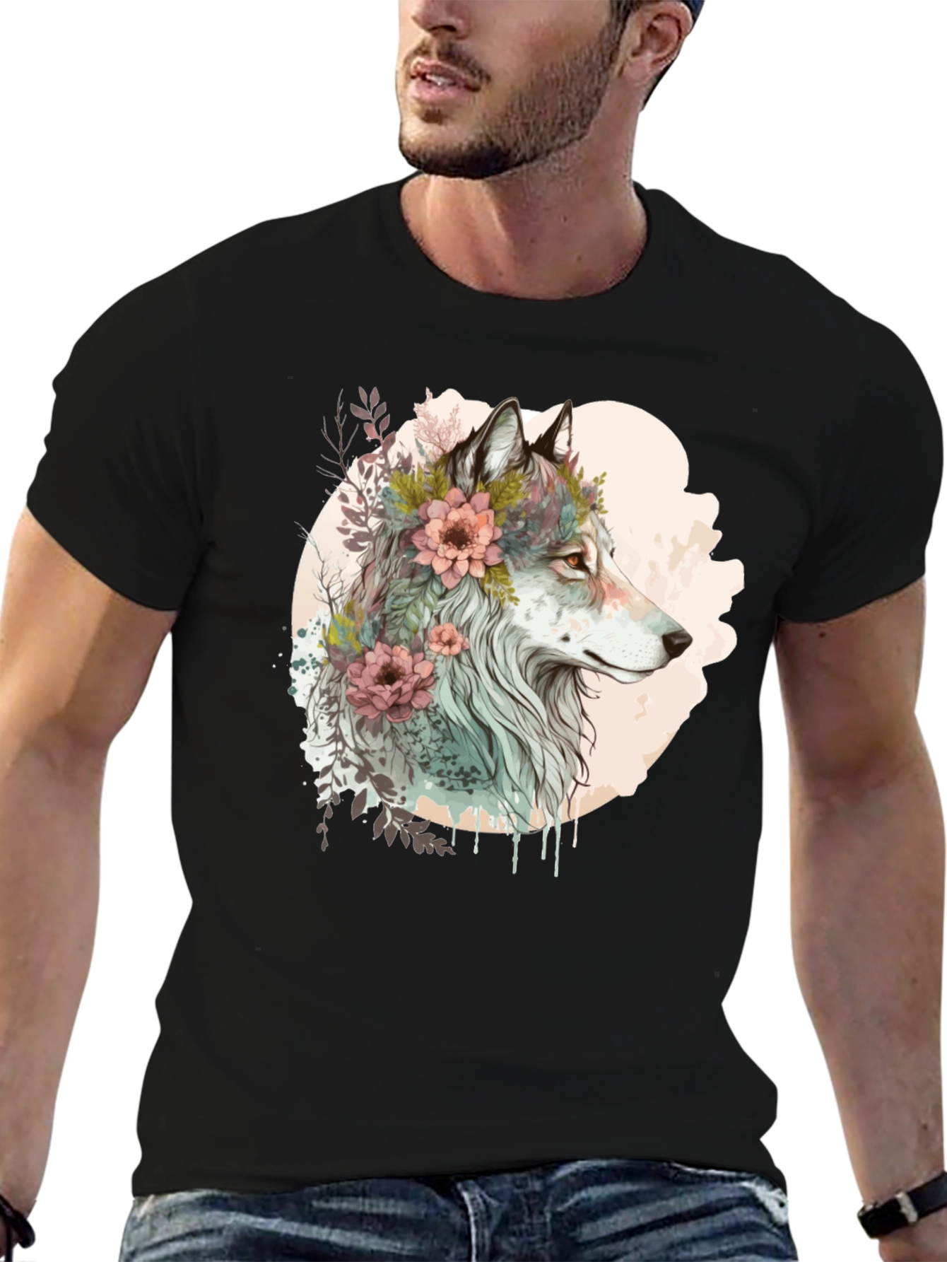 Black Wolf and Floral Graphic Tee - Stylish Men's Black T-Shirt view 6