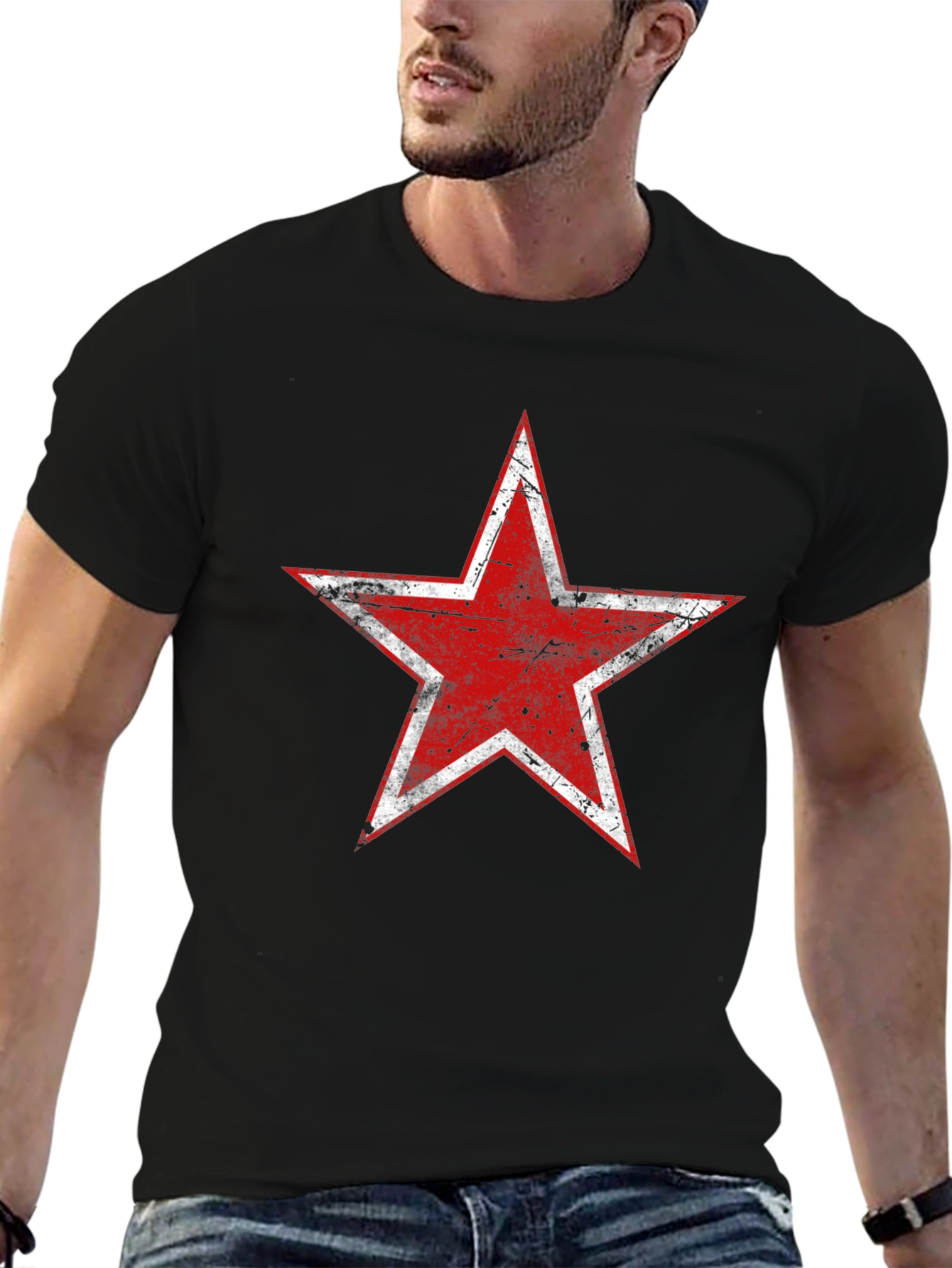 Black Distressed Red Star Graphic Black T-Shirt view 6