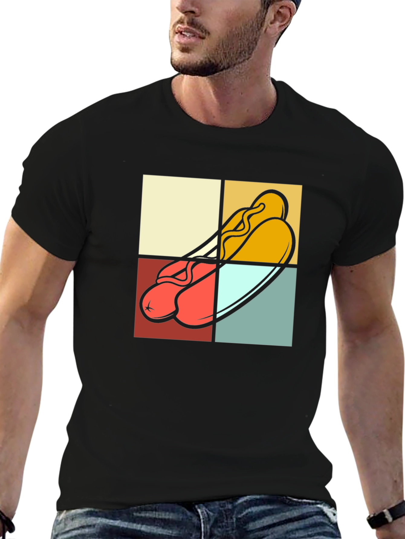 Black Retro Hotdog Graphic T-Shirt - Black Cotton Tee view 6