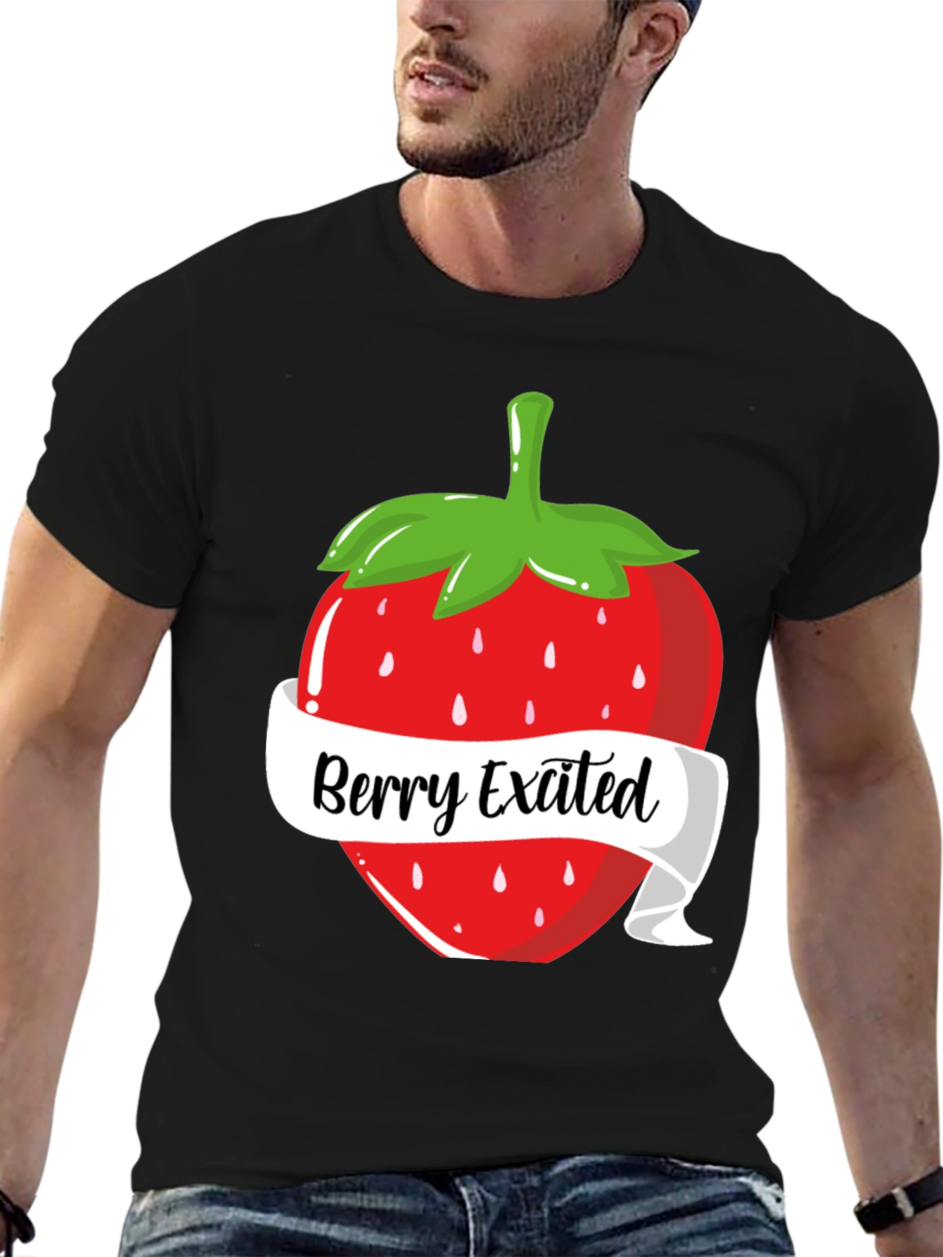 Black Berry Excited T-Shirt: Fun Strawberry Design view 6