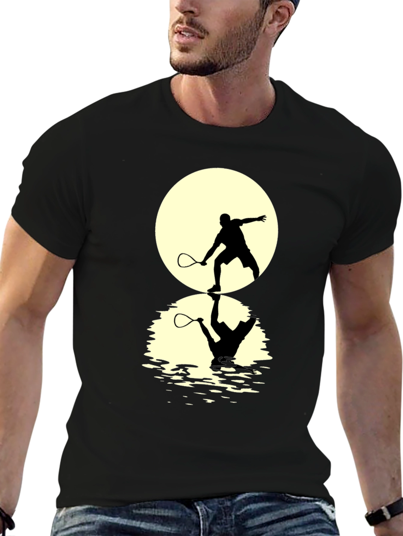 Black Squash Player Moon Reflection Graphic T-Shirt view 6