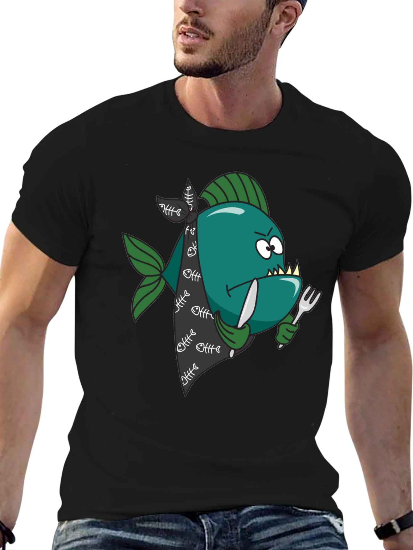 Black Cartoon Piranha T-Shirt - Graphic Print view 6