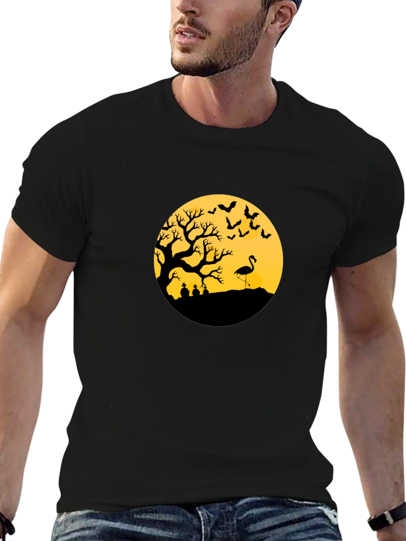Black Halloween Tree Flamingo Tee view 6