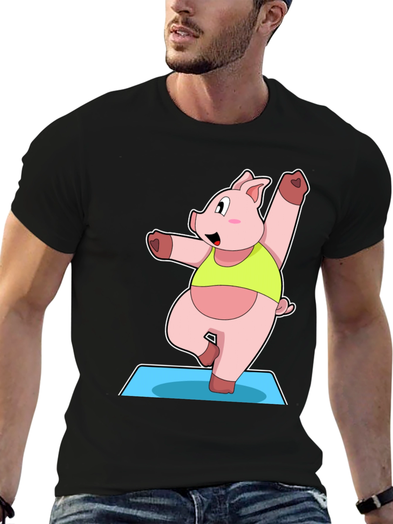 Black Yoga Pig Black T-Shirt - Funny Cartoon Animal Tee view 6
