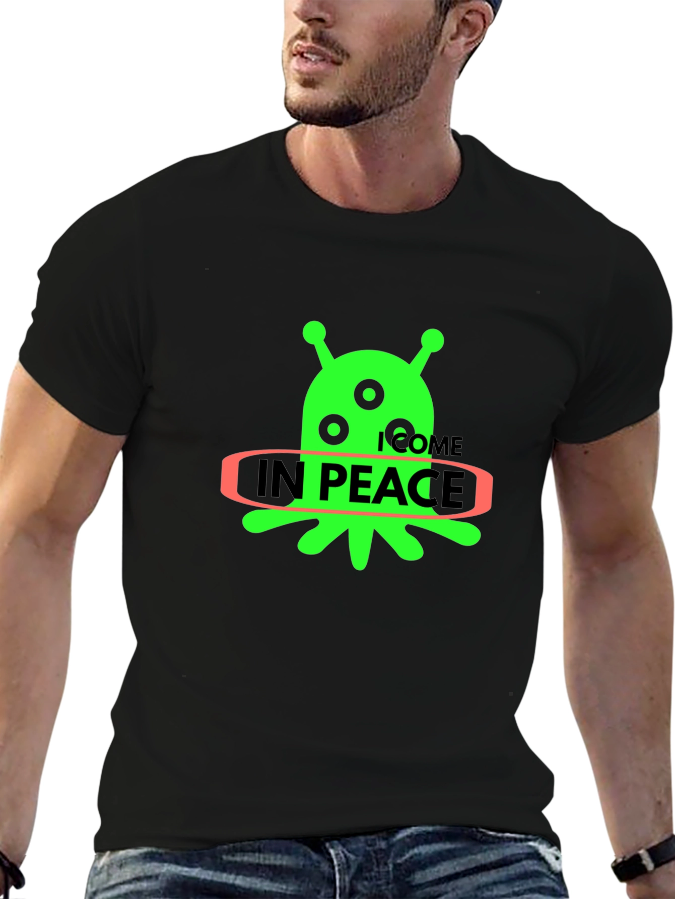 Black Alien "In Peace" Graphic T-Shirt - Black Cotton Blend view 6