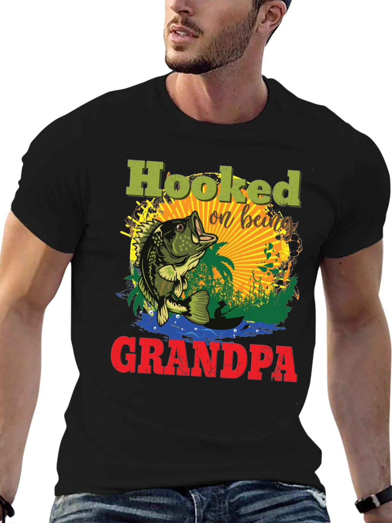 Black Hooked on Being Grandpa Fishing T-Shirt view 6