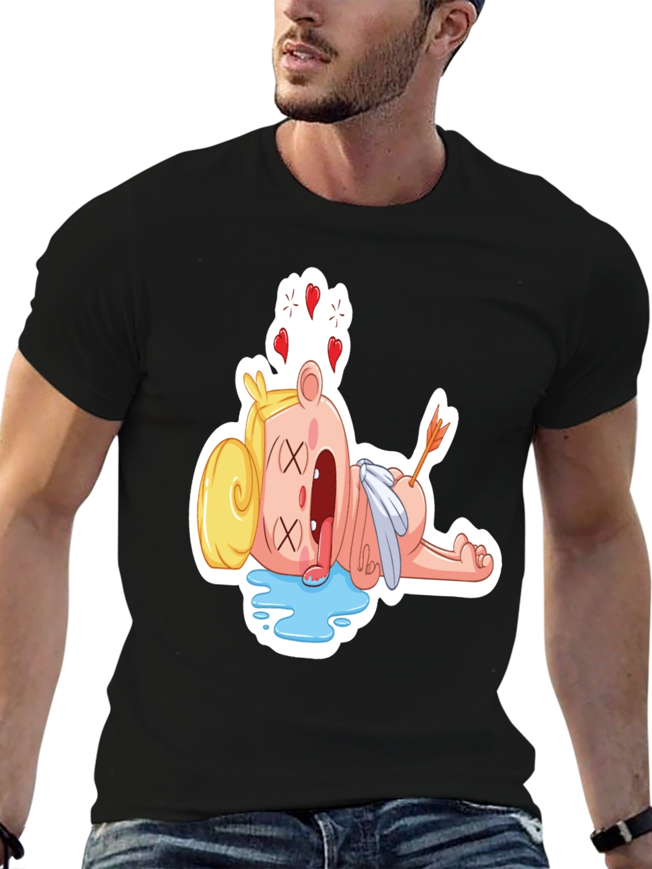 Black Funny Cupid Cartoon Graphic T-Shirt view 6