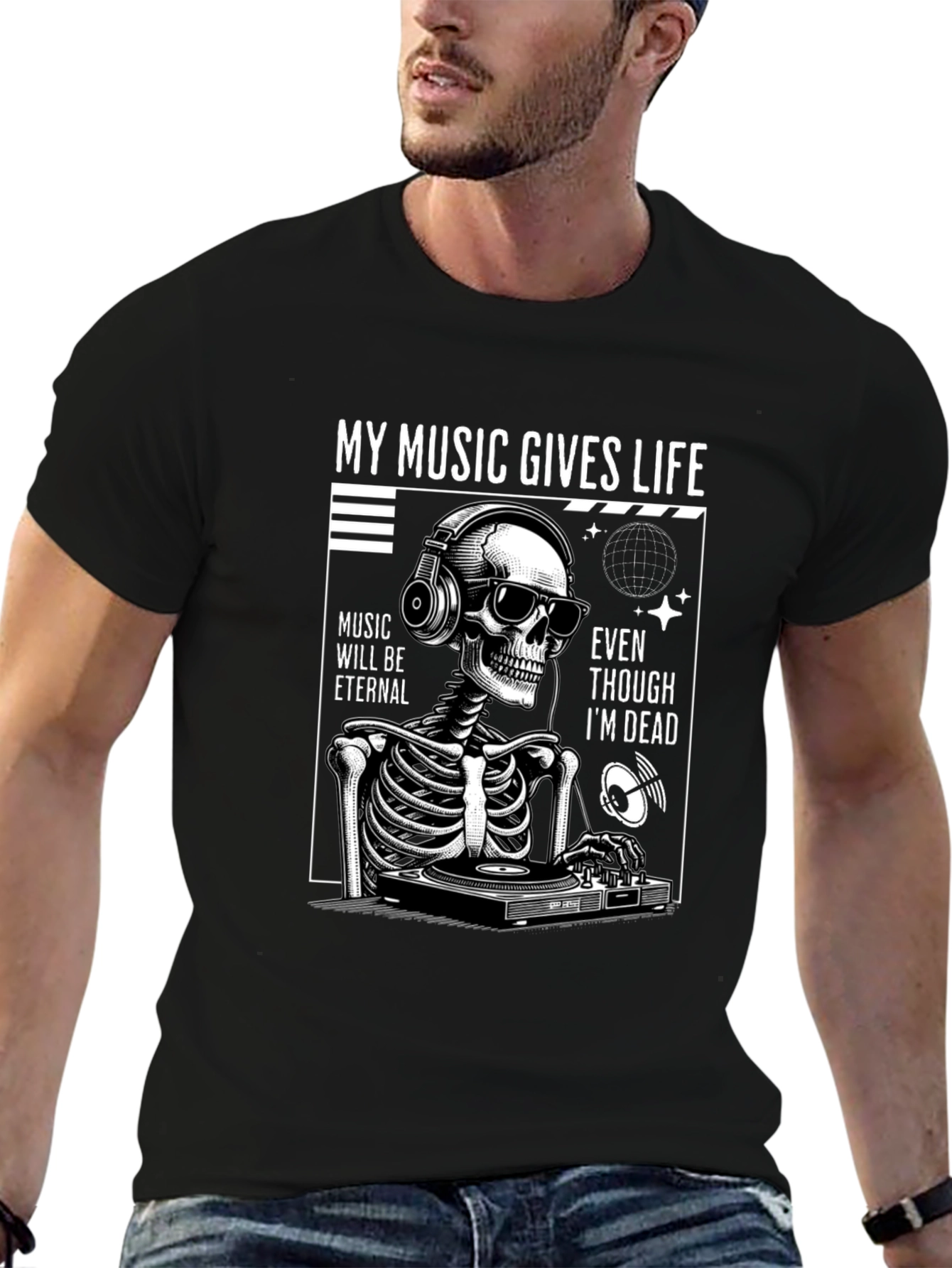 Black Music Gives Life Skeleton DJ Graphic T-Shirt view 6