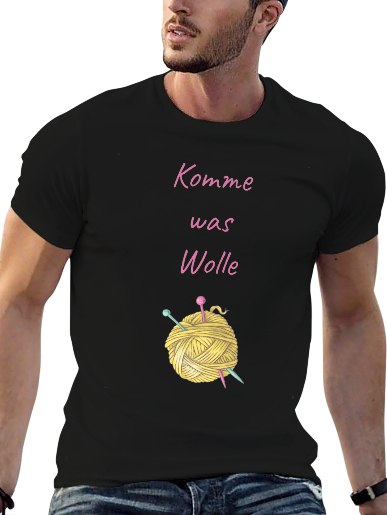 Black Knitting Lover's T-Shirt - "Komme Was Wolle" Yarn Design view 6