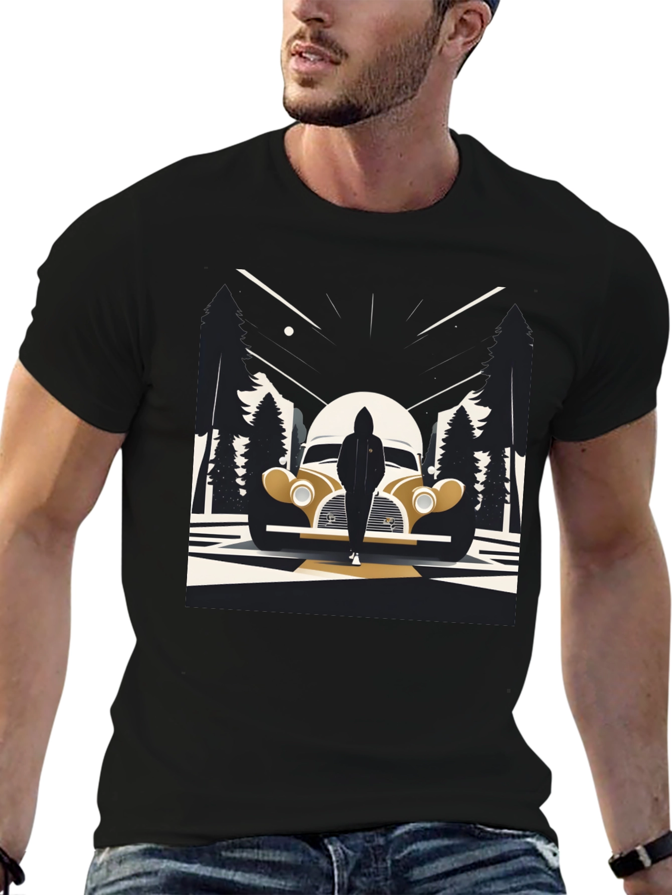 Black Retro Car & Silhouette Graphic Tee - Classic Style view 6