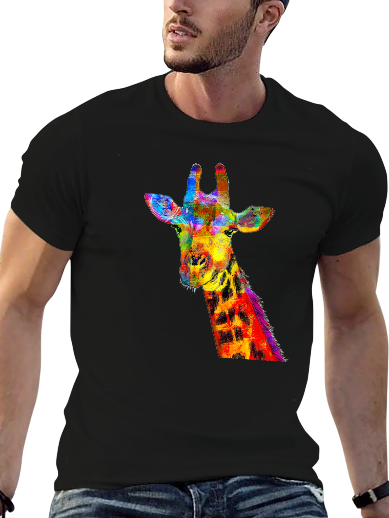 Black Vibrant Giraffe Graphic Tee - Stylish Black T-Shirt view 6