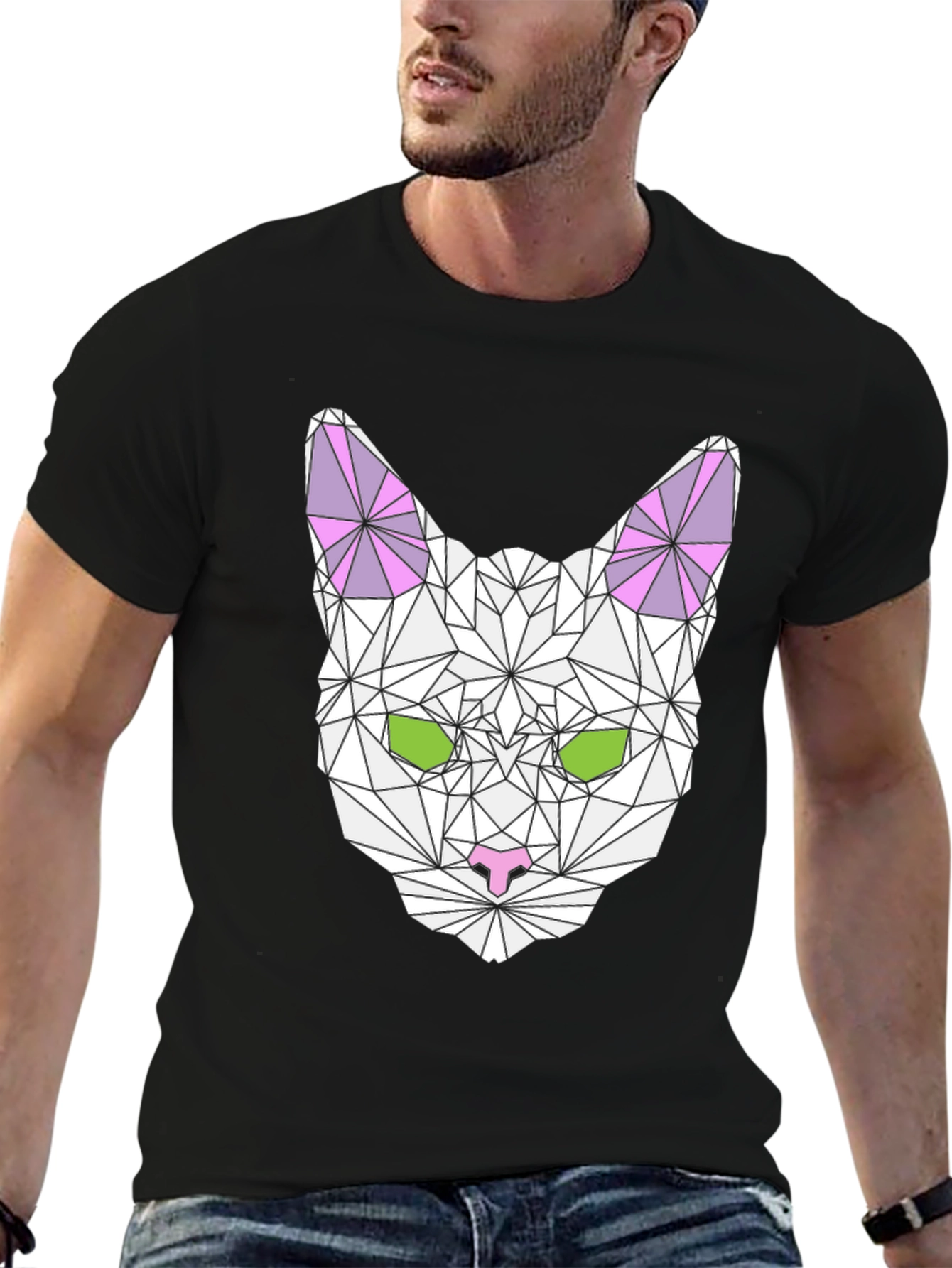 Black Geometric Cat Tee - Stylish Black T-Shirt view 6