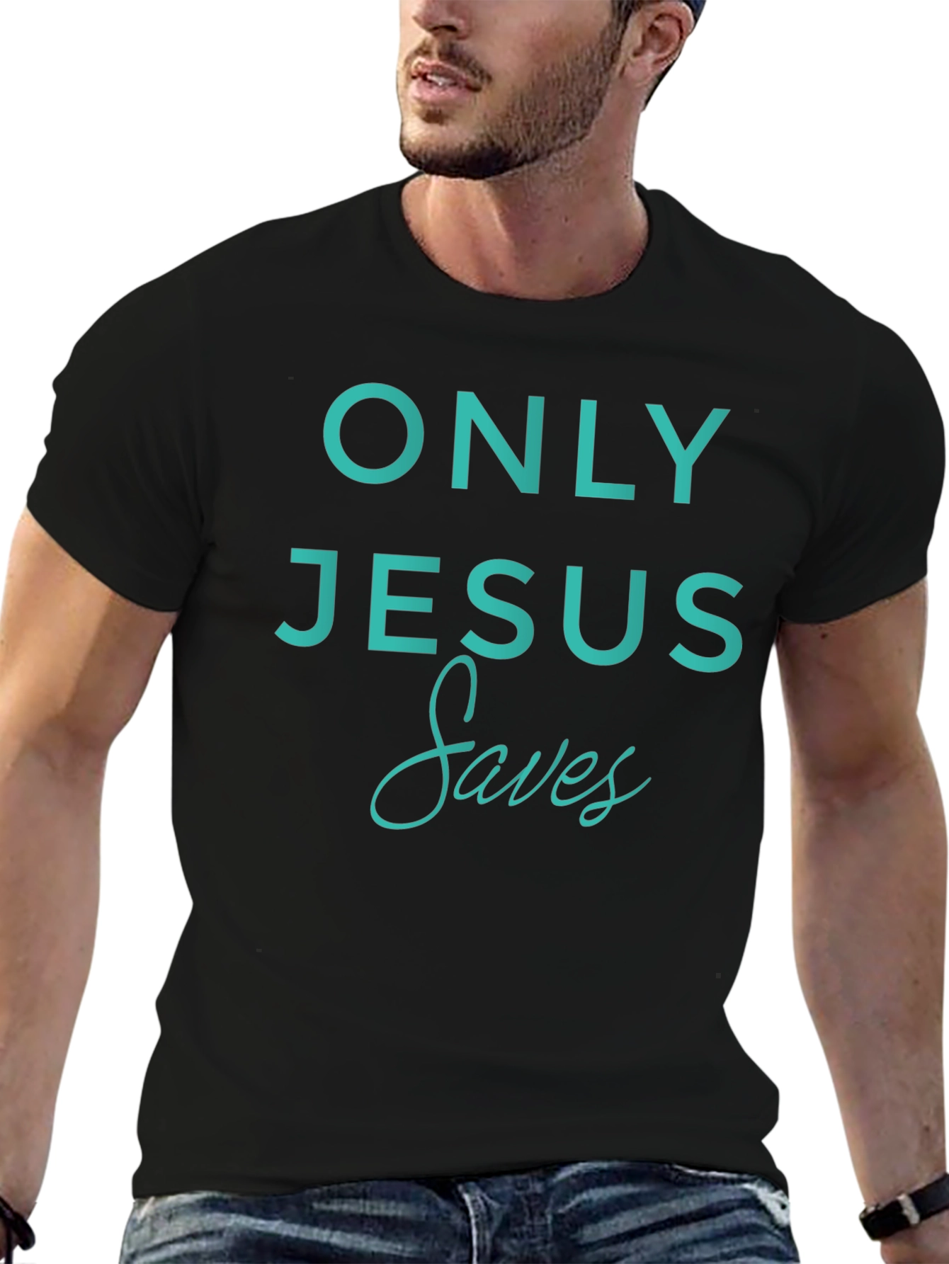 Black Only Jesus Saves T-Shirt - Religious Tee view 6