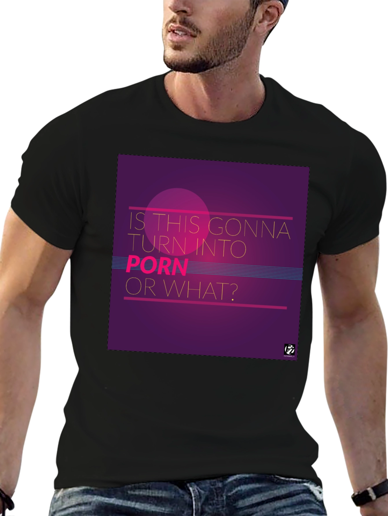 Black Retro "Porn?" Graphic Tee - Black Cotton Blend T-Shirt view 6
