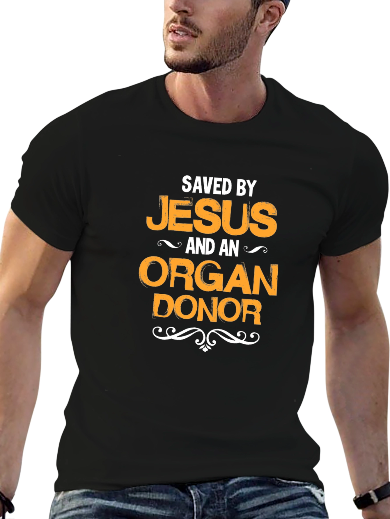Black Saved By Jesus & Organ Donor Black T-Shirt view 6