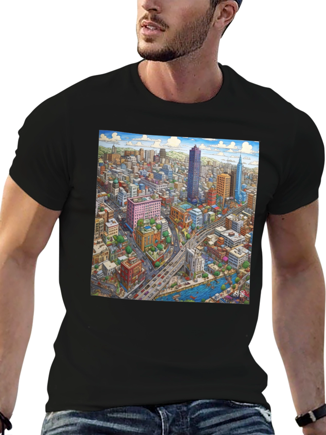 Black Seoul Cityscape Graphic Tee - Unique Design view 6