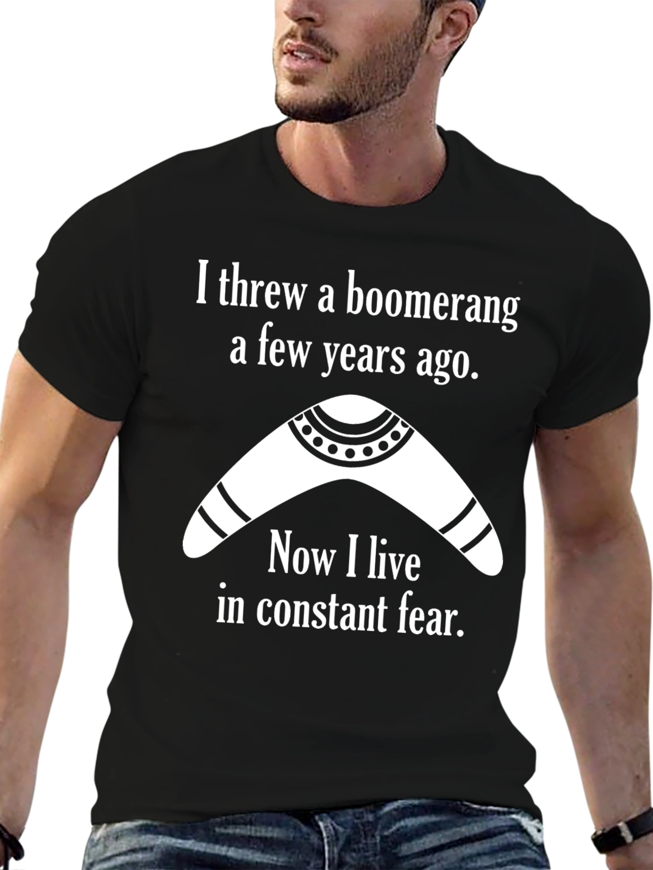 Black Boomerang Humor Graphic Tee - Constant Fear T-Shirt view 6